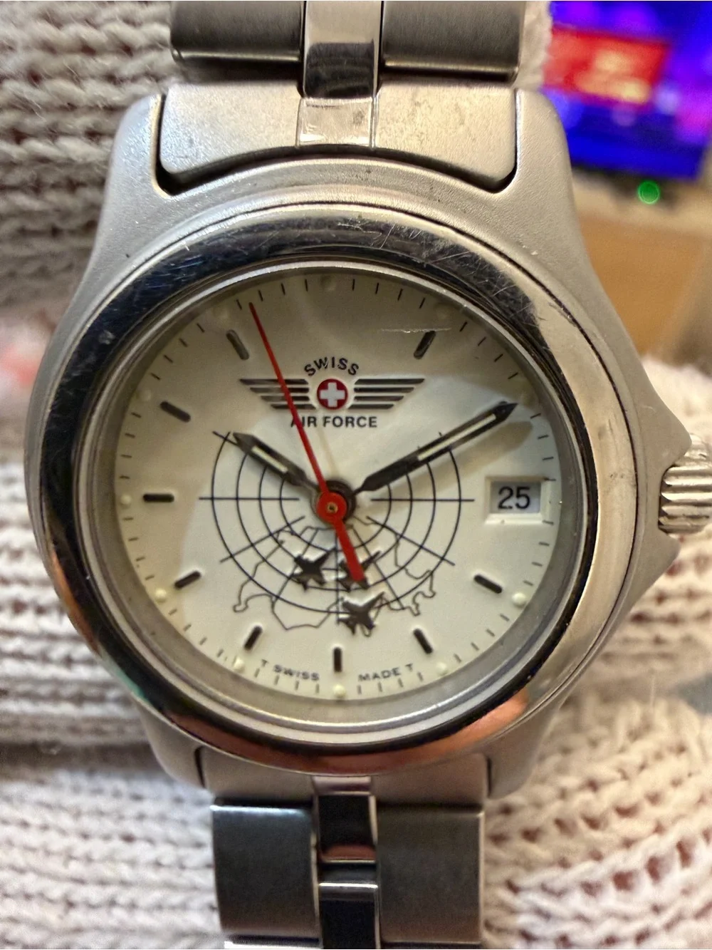 Vintage Swiss Air Force Ladies Pilot Watch Fighter Jets Radar Dial Quartz Steel